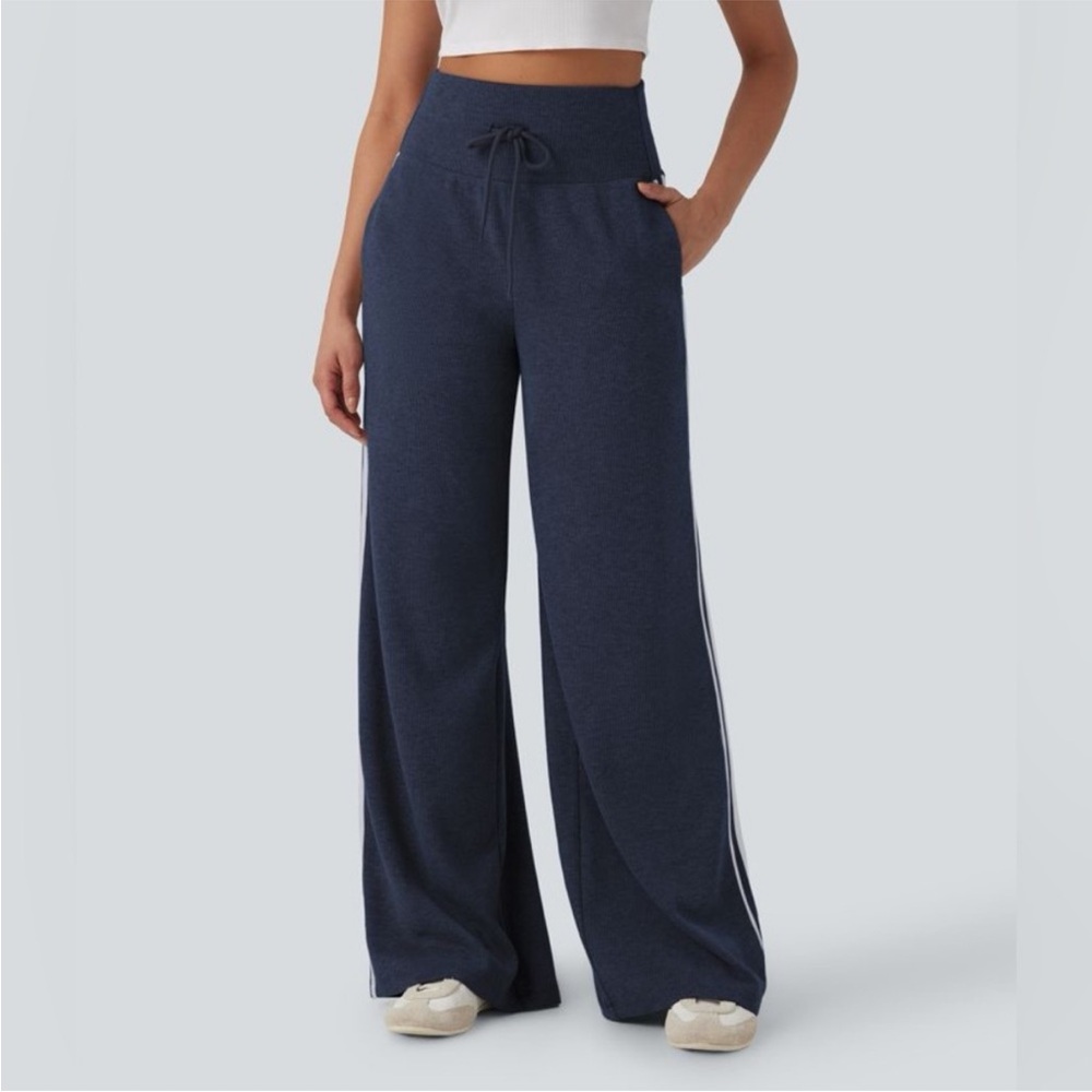 Ribbed Knit High Waisted Tummy Control Drawstring Casual Wide Leg Pants Pockets - Picture 5 of 10
